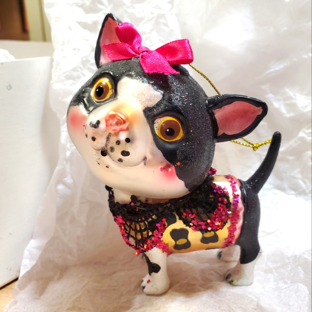 Blown glass fancy tuxie cat holiday ornament